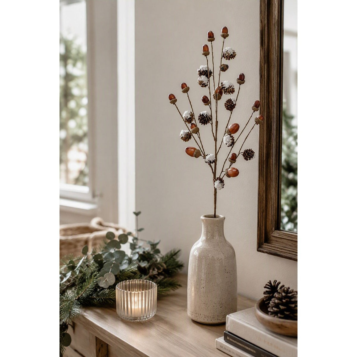 Frosted Acorn & Pinecone Branch Christmas Decoration - Brown
