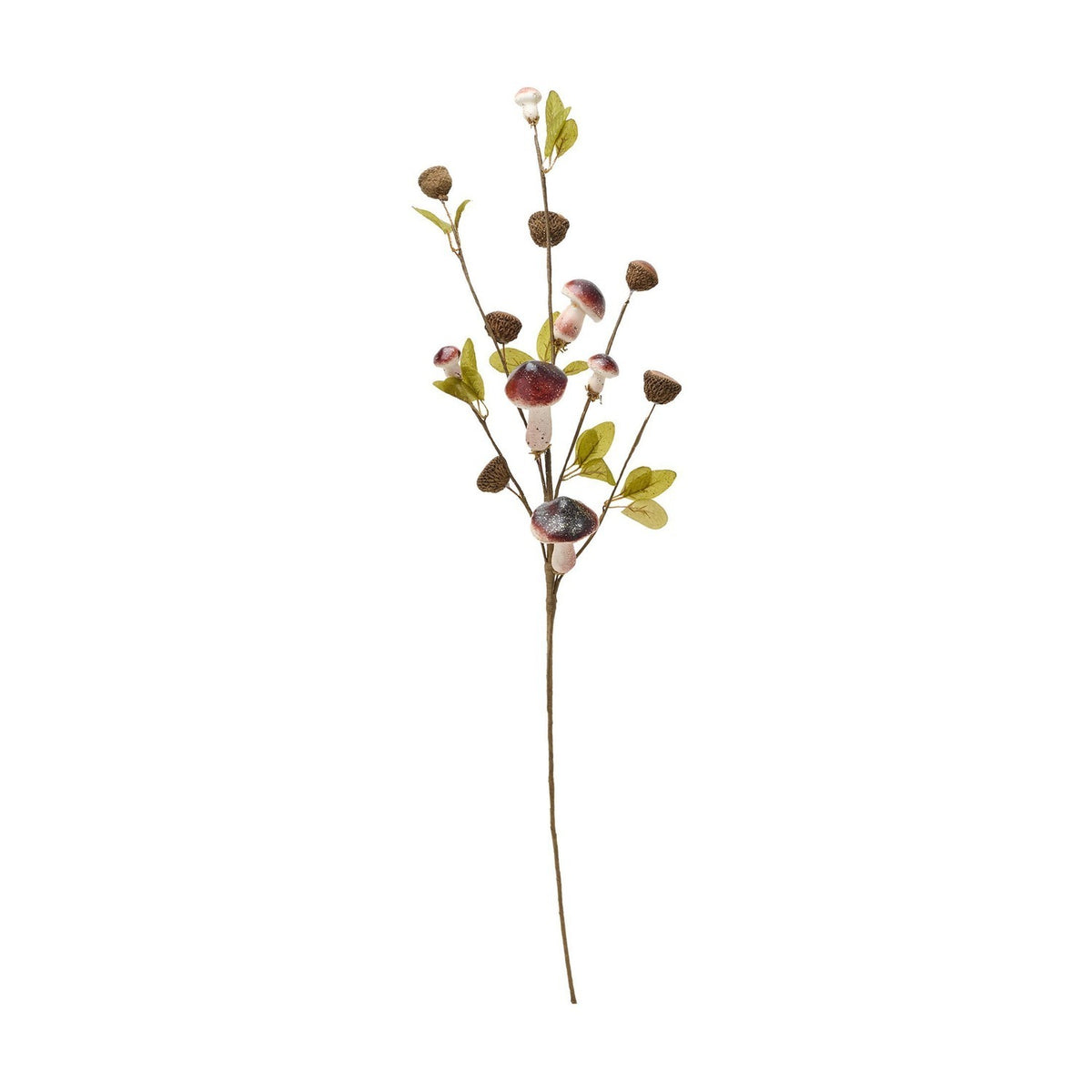 Mushroom and Seed Pod Branch Decoration with Leaves - Green