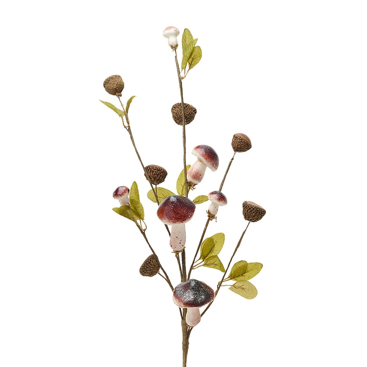 Mushroom and Seed Pod Branch Decoration with Leaves - Green