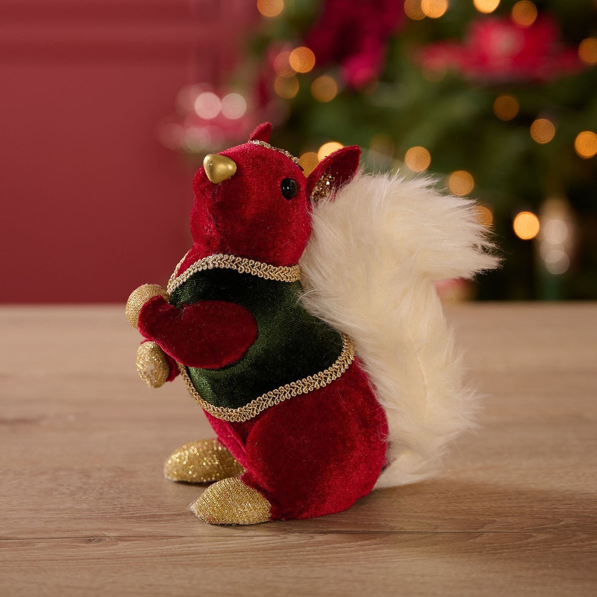 Sitting Squirrel in Waistcoat Velvet Ornament - Red & Green