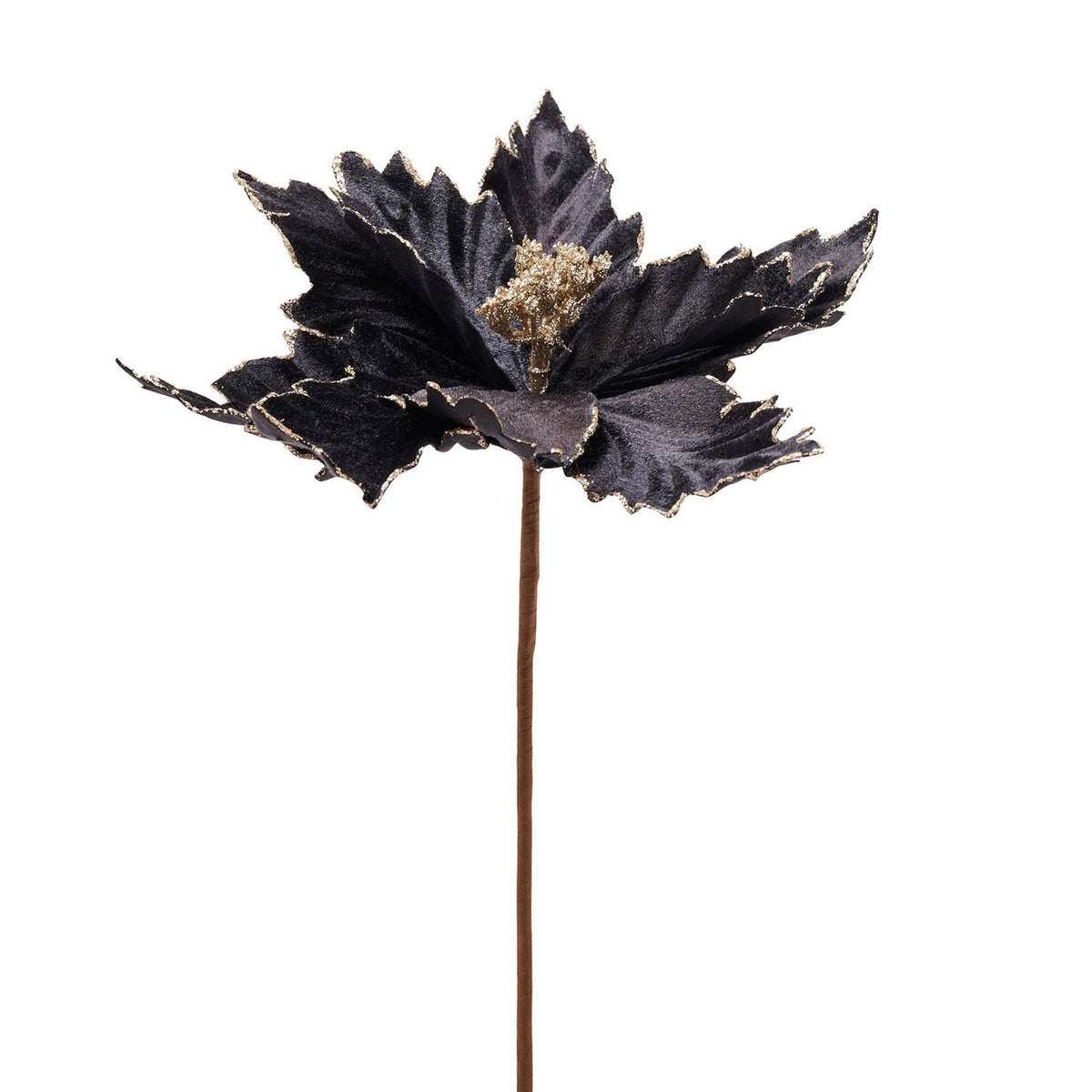 Elsquith Gold Trim Velvet Poinsettia Stem Faux Plant - Black