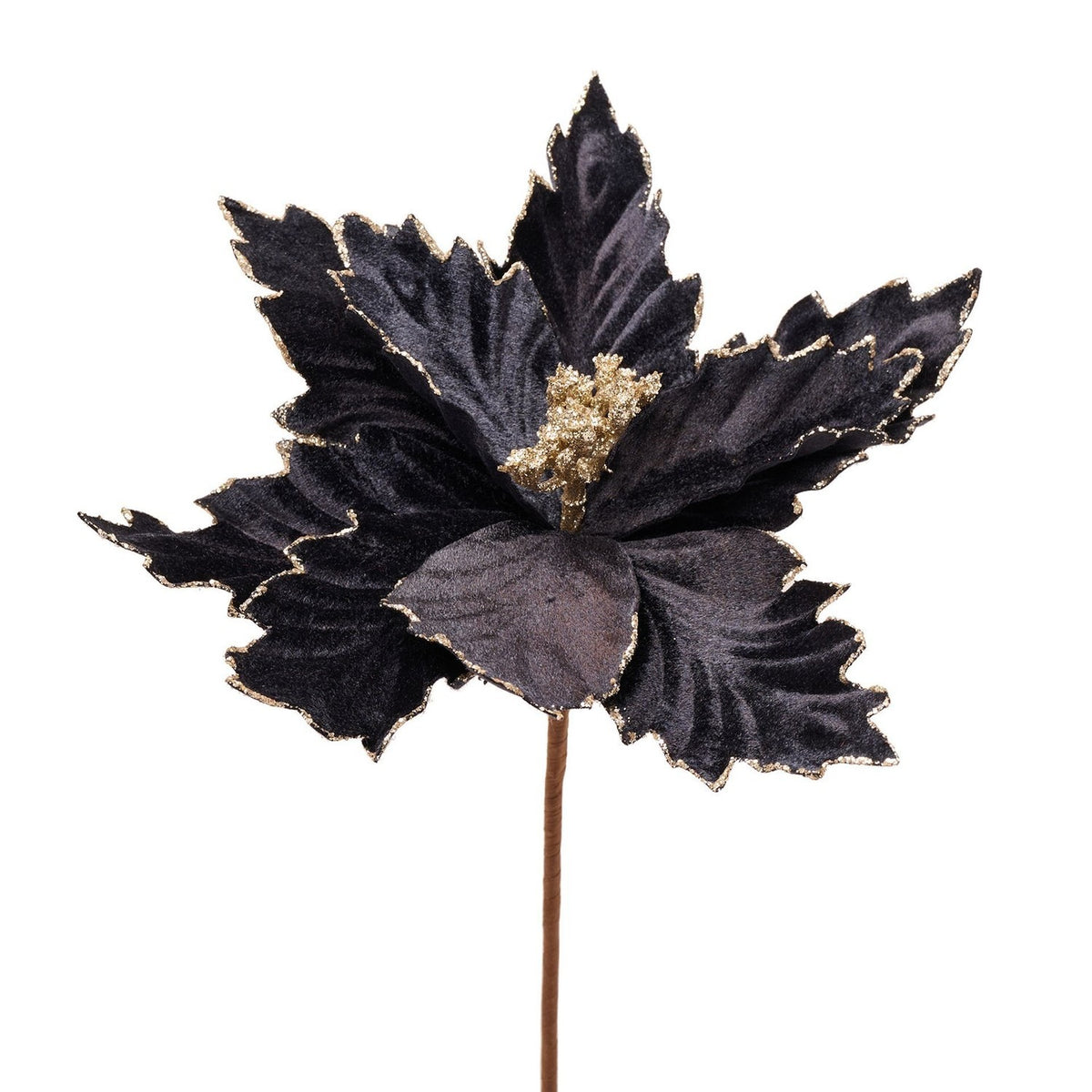 Elsquith Gold Trim Velvet Poinsettia Stem Faux Plant - Black