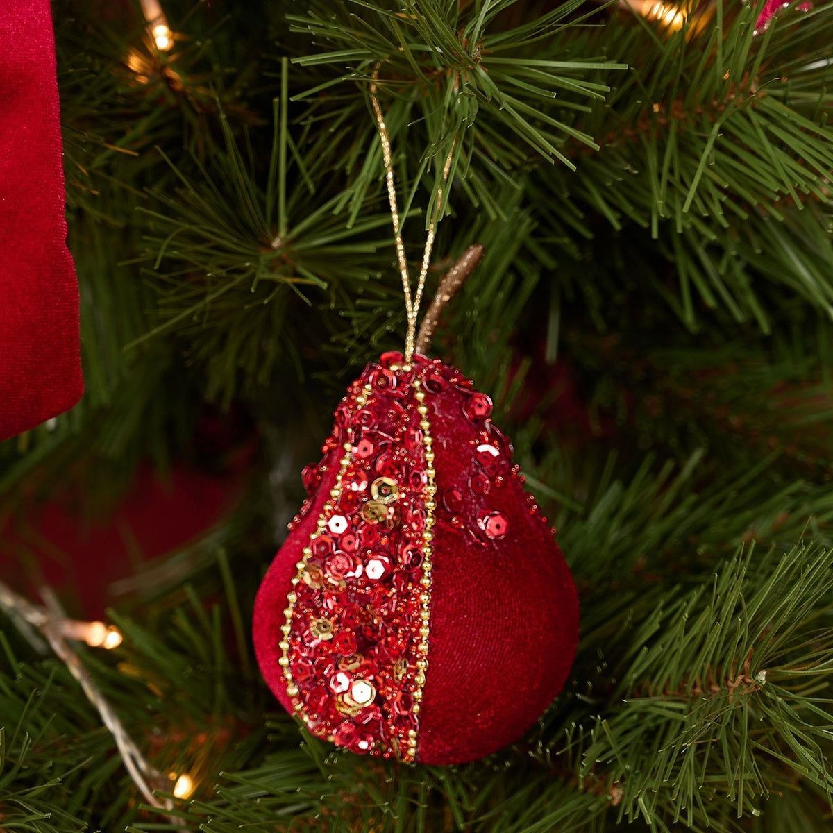 Velvet Pear Hanging Christmas Tree Decoration - Red & Gold