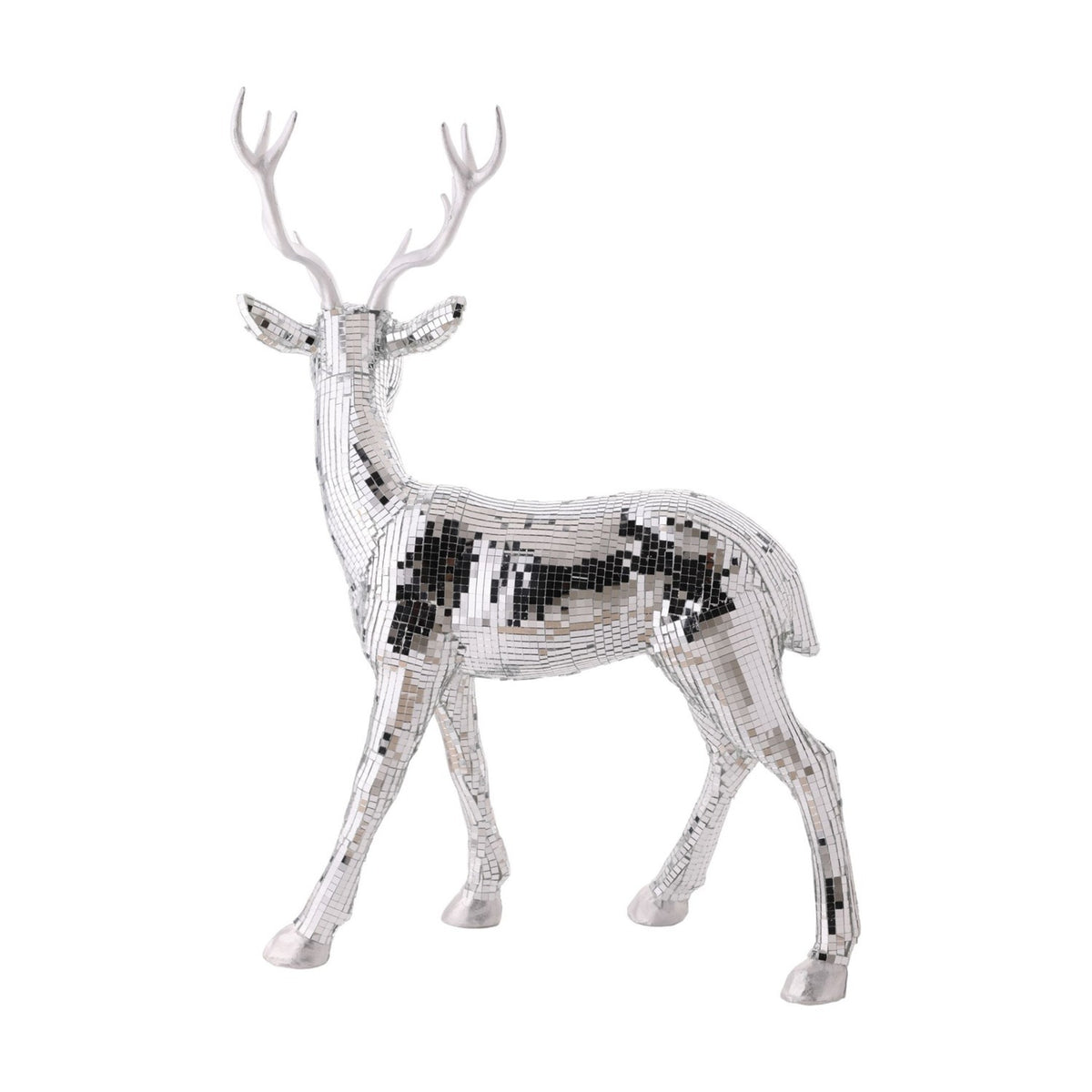 Disco Tiled Standing Reindeer Glass Christmas Decoration - Silver