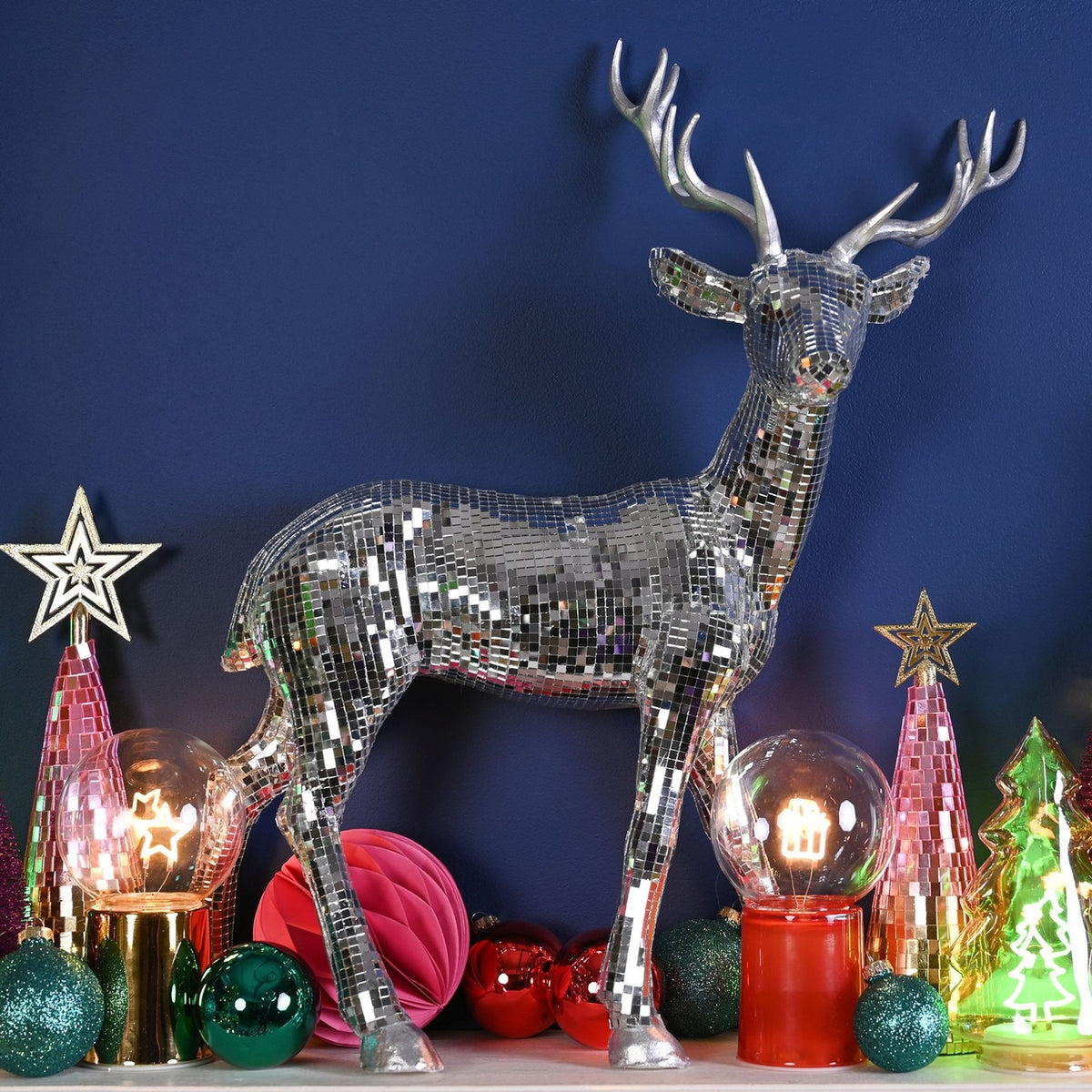 Disco Tiled Standing Reindeer Glass Christmas Decoration - Silver