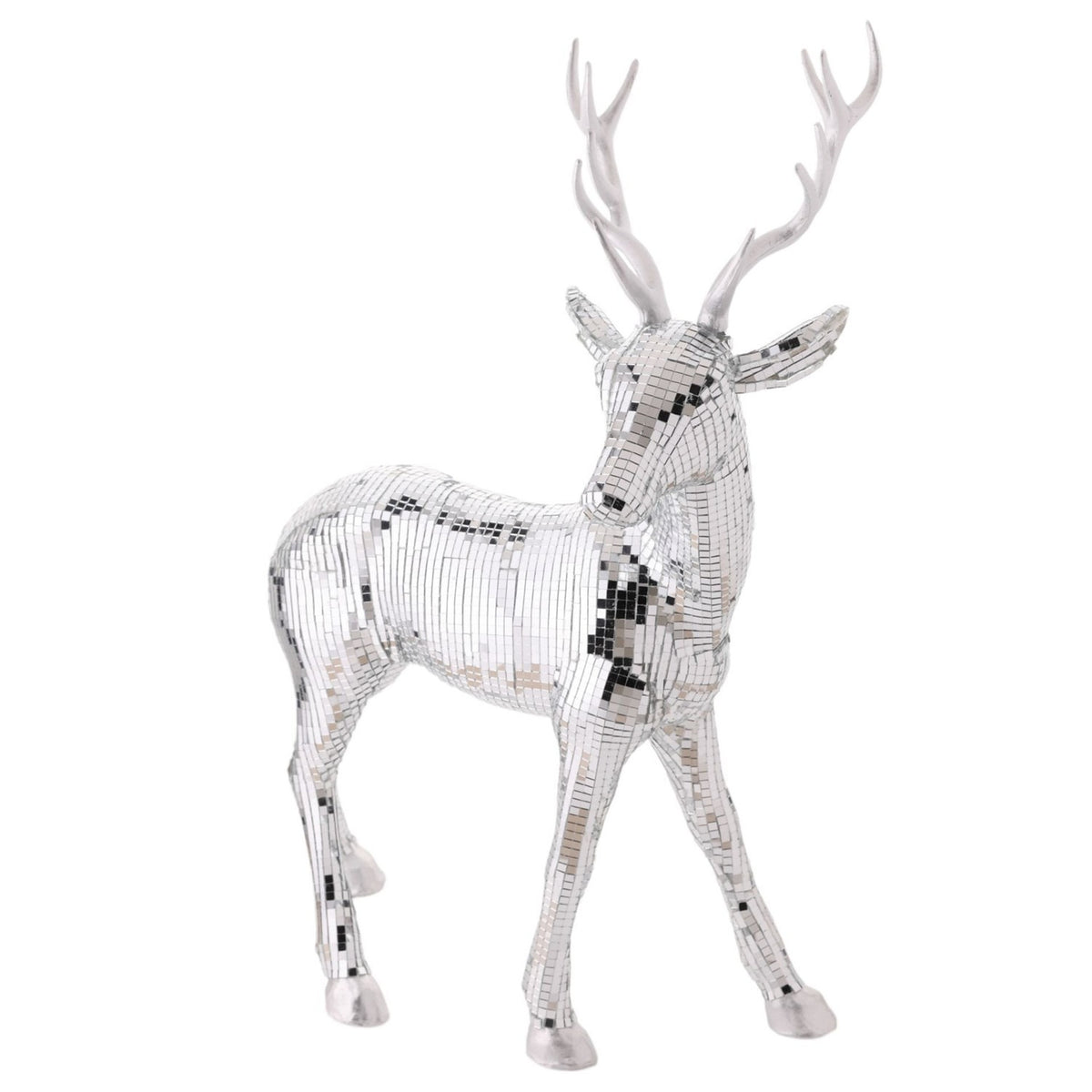 Disco Tiled Standing Reindeer Glass Christmas Decoration - Silver