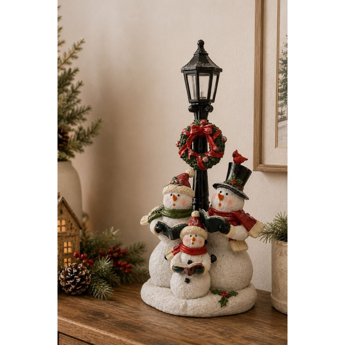 Snowmen Under a Lamppost Resin Table Lamp 37cm - White & Red