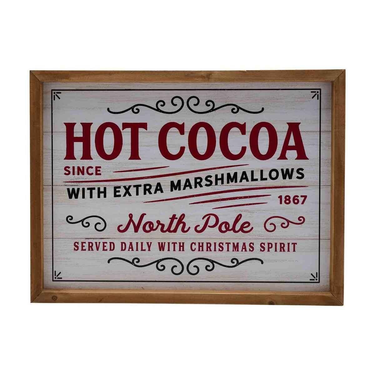 Hot Cocoa Christmas framed wooden wall plaque in white, with red "HOT COCOA" lettering, "North Pole" script, and black flourish details, shown on a plain background.