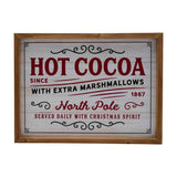 Hot Cocoa Christmas framed wooden wall plaque in white, with red "HOT COCOA" lettering, "North Pole" script, and black flourish details, shown on a plain background.