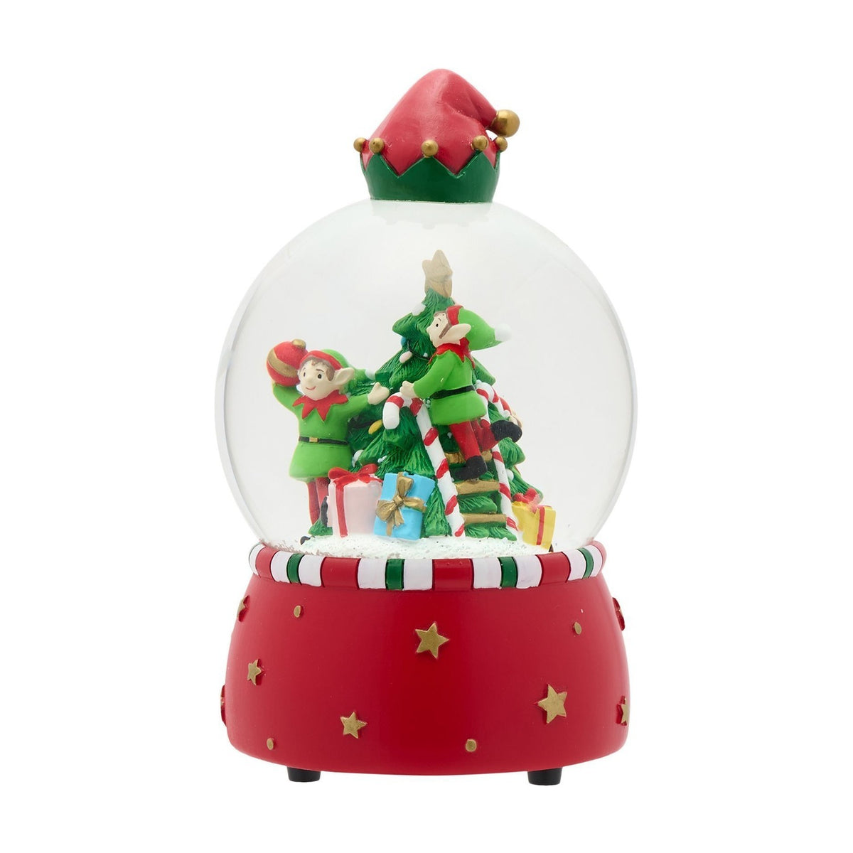 Elves Working on Christmas Tree Snow Globe with Music - Red