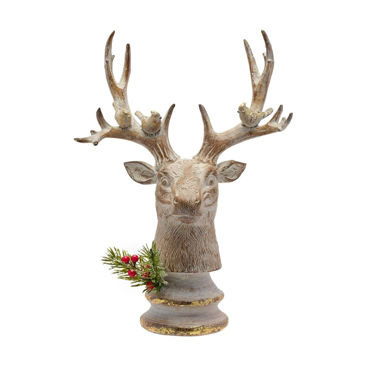 Wood Effect Stag Head Resin Ornament with Birds - Brown