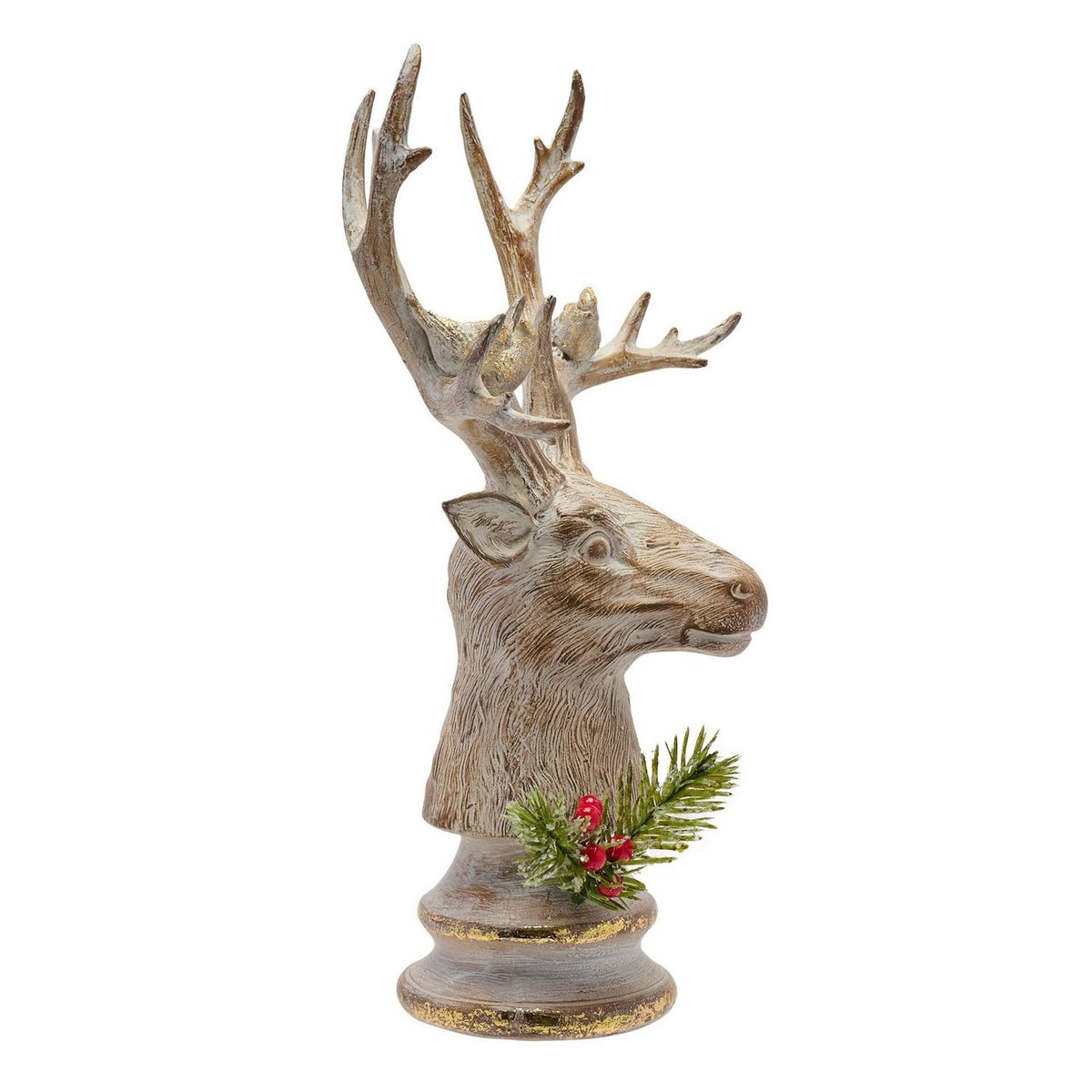 Wood Effect Stag Head Resin Ornament with Birds - Brown