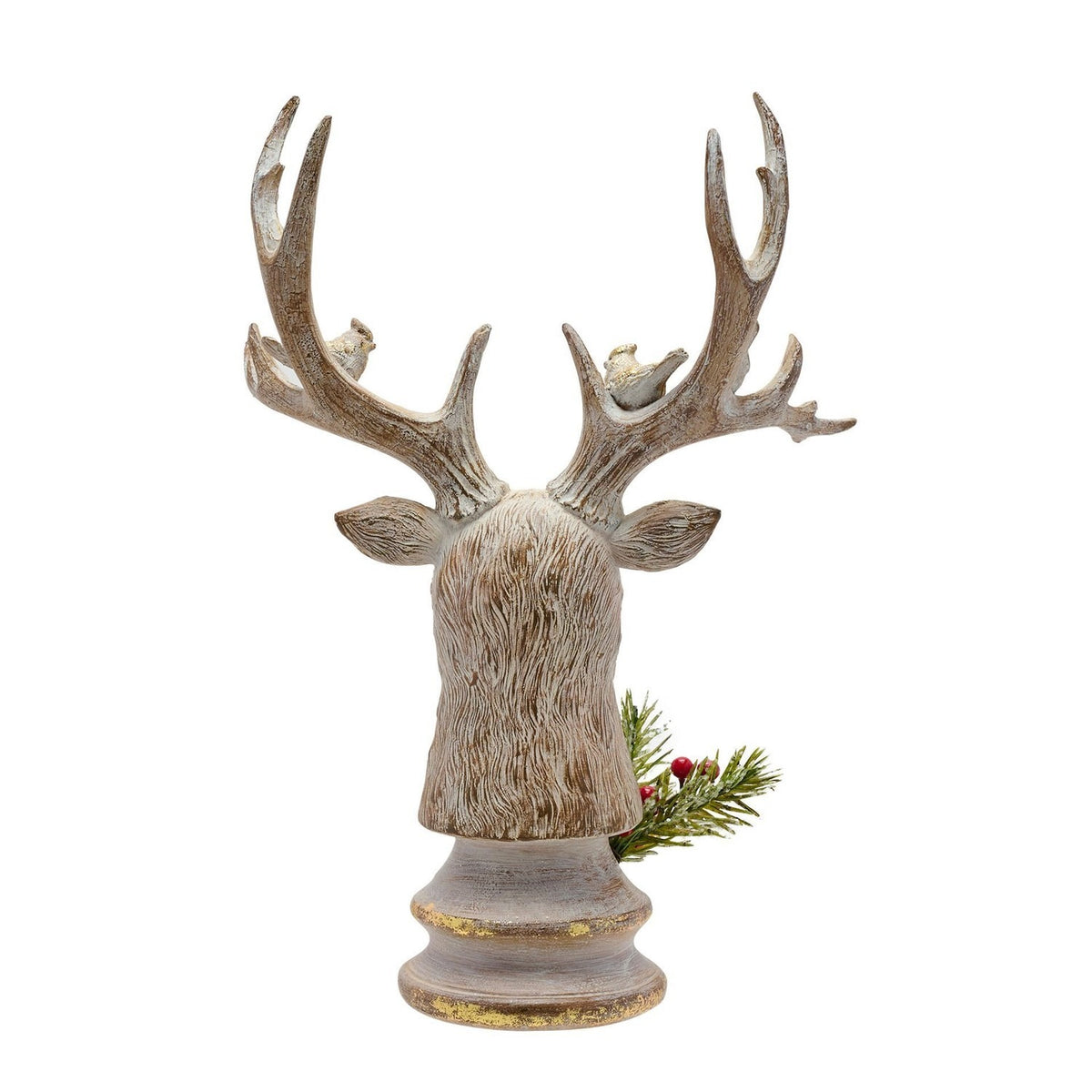 Wood Effect Stag Head Resin Ornament with Birds - Brown