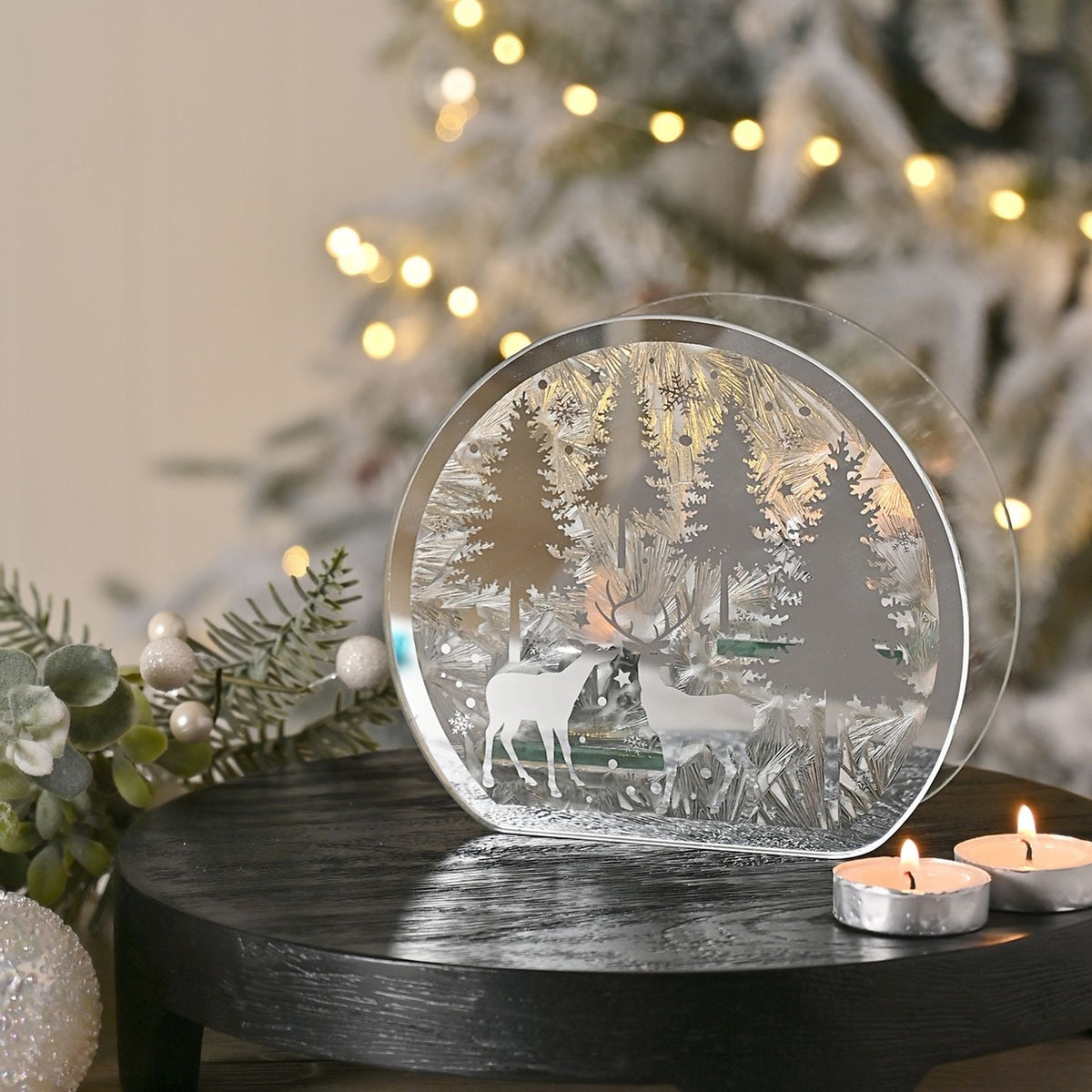 Winter Scene Glass Double Tealight Candle Holder - Silver