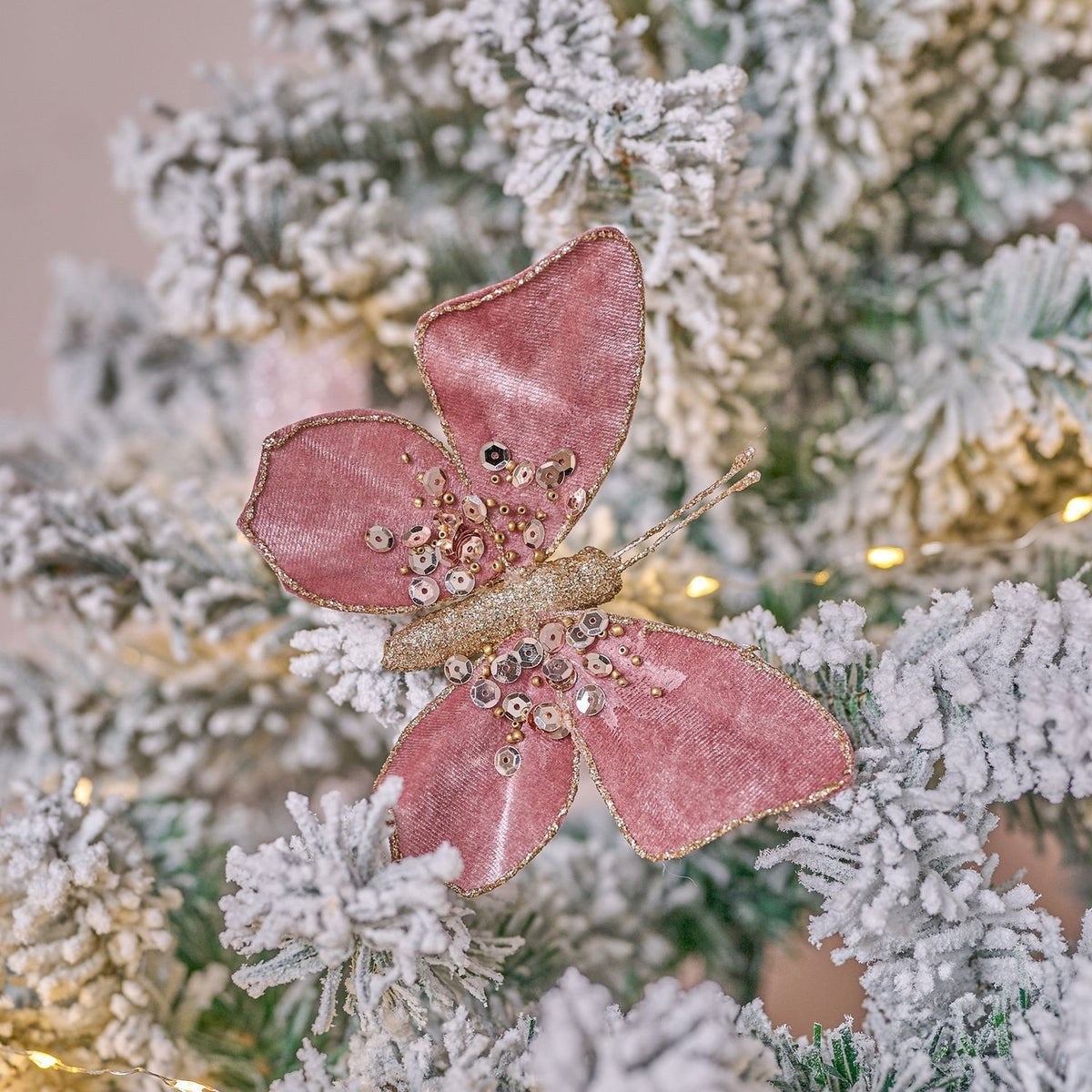 Velvet Butterfly Christmas Tree Decoration with Clip - Pink