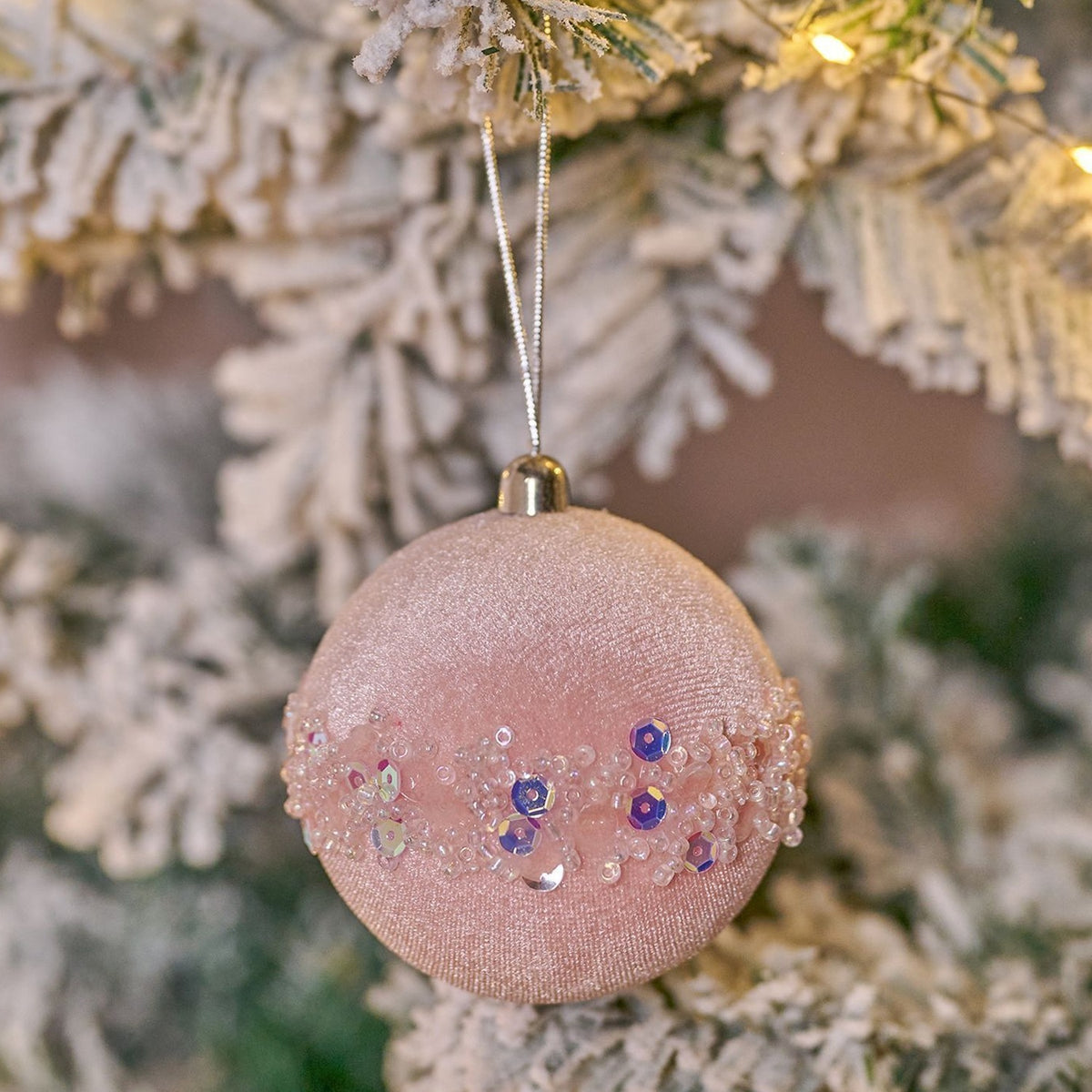 Beaded Velvet Bauble Christmas Tree Decoration - Blush Pink