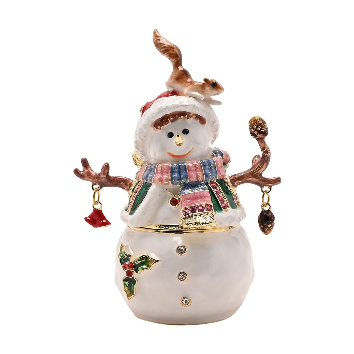 Snowman & Squirrel Metal Trinket Box with Hinged Lid - White