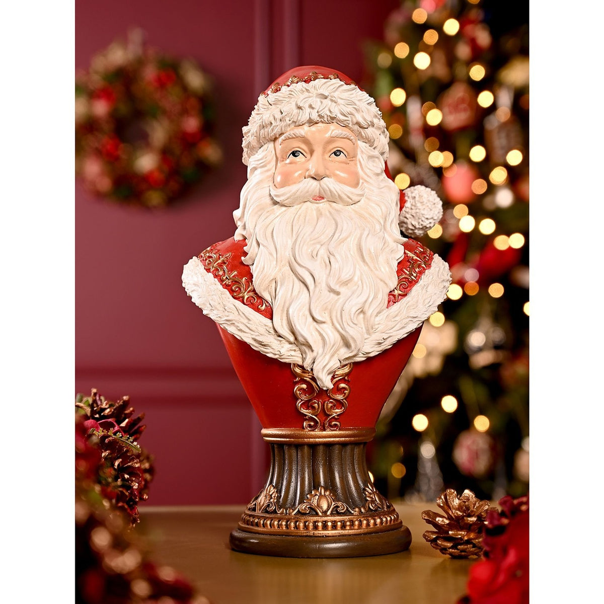 Father Christmas Pedestal Bust Resin Figurine 30.6cm - Red