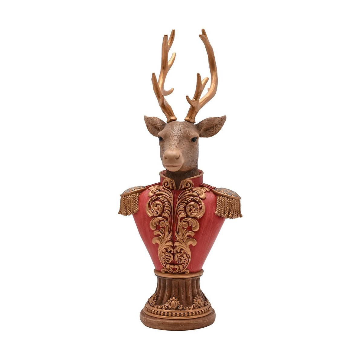 Reindeer bust figurine, 30cm, with textured brown fur head and gold antlers above a red resin military-style jacket with gold scrollwork and fringed epaulettes, on a plain white background.