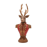 Reindeer bust figurine, 30cm, with textured brown fur head and gold antlers above a red resin military-style jacket with gold scrollwork and fringed epaulettes, on a plain white background.