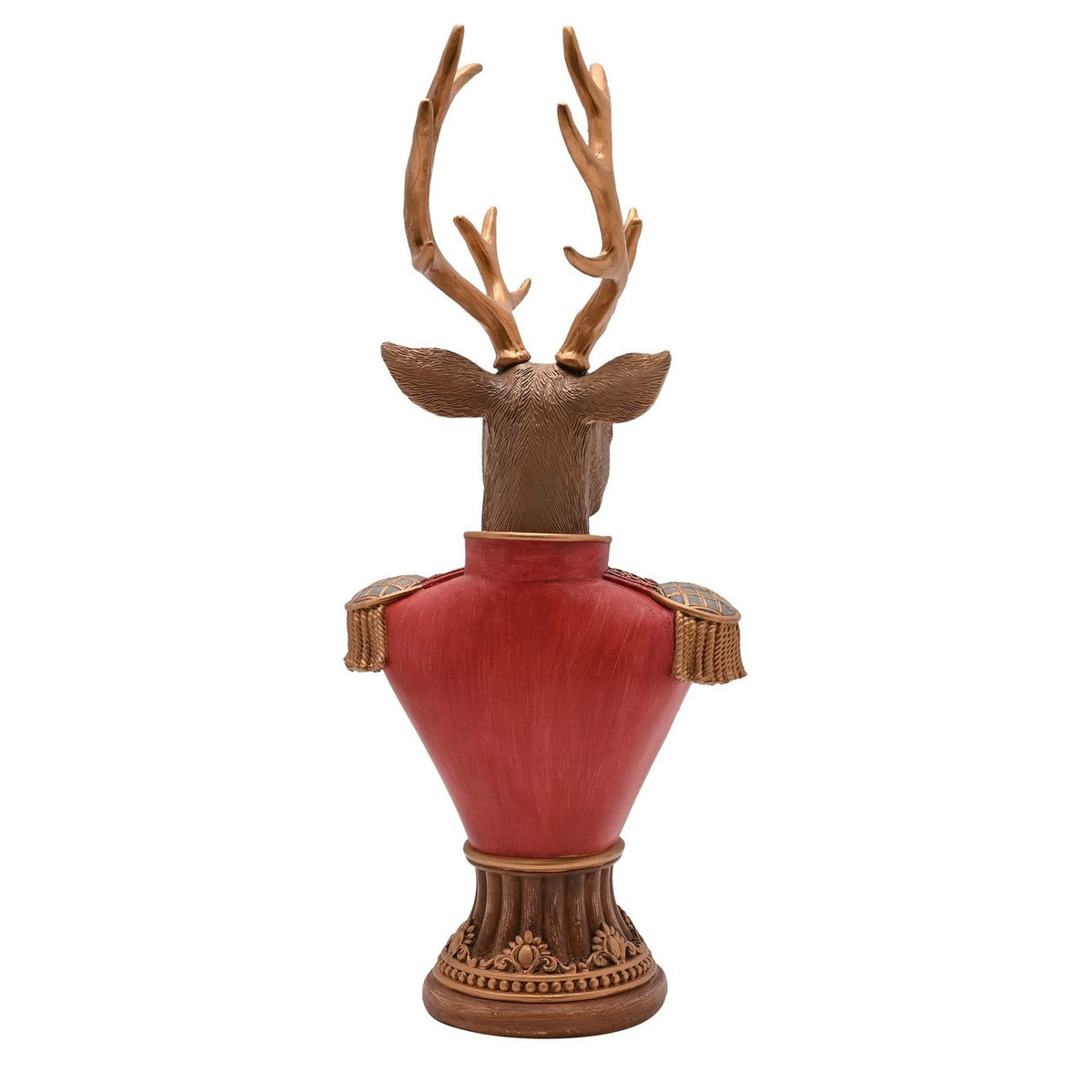 Reindeer bust figurine, 30cm, red resin with gold antlers, trim, and scrollwork, textured brown head, fringed epaulettes, set on a carved pedestal.
