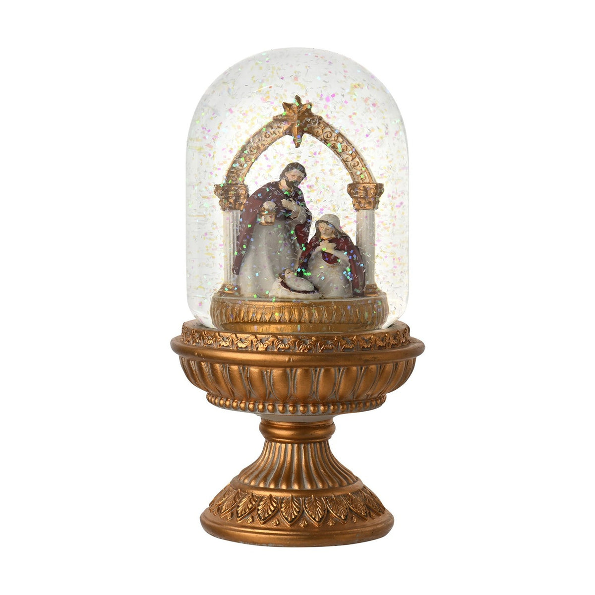 Nativity Cloche Water Ball Snow Globe with Gold Base - Clear