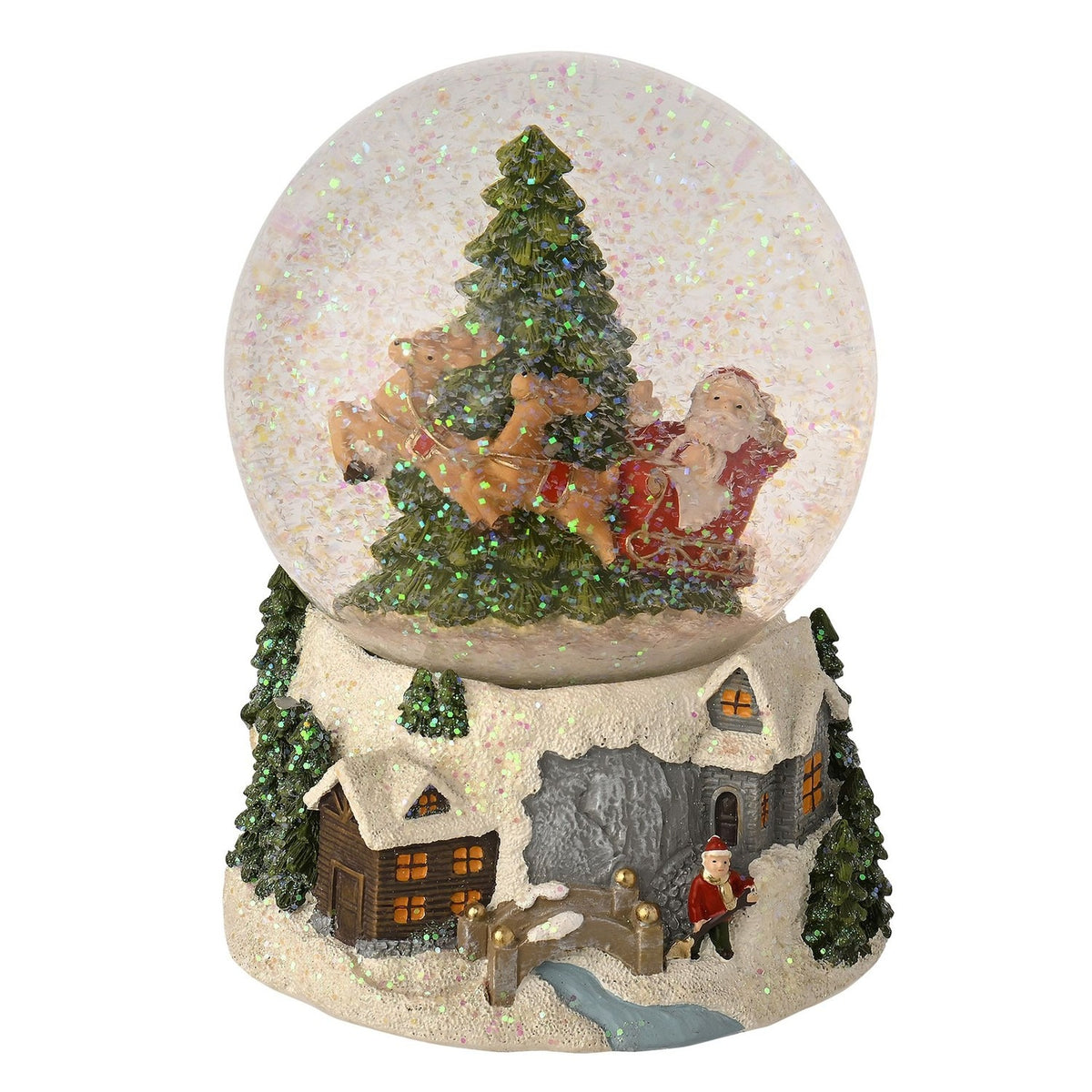 Santa Sleigh & Tree Snow Globe with Village Base - Clear