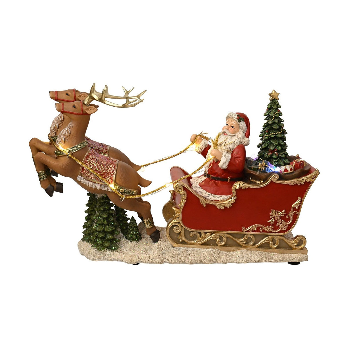 Santa's Sleigh and Reindeer Resin LED Decoration - Red & Gold
