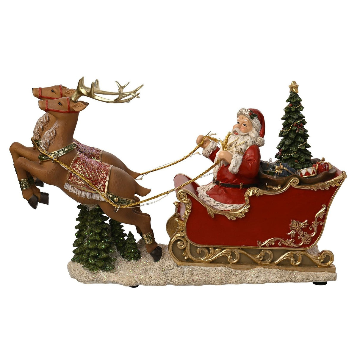 Santa's Sleigh and Reindeer Resin LED Decoration - Red & Gold