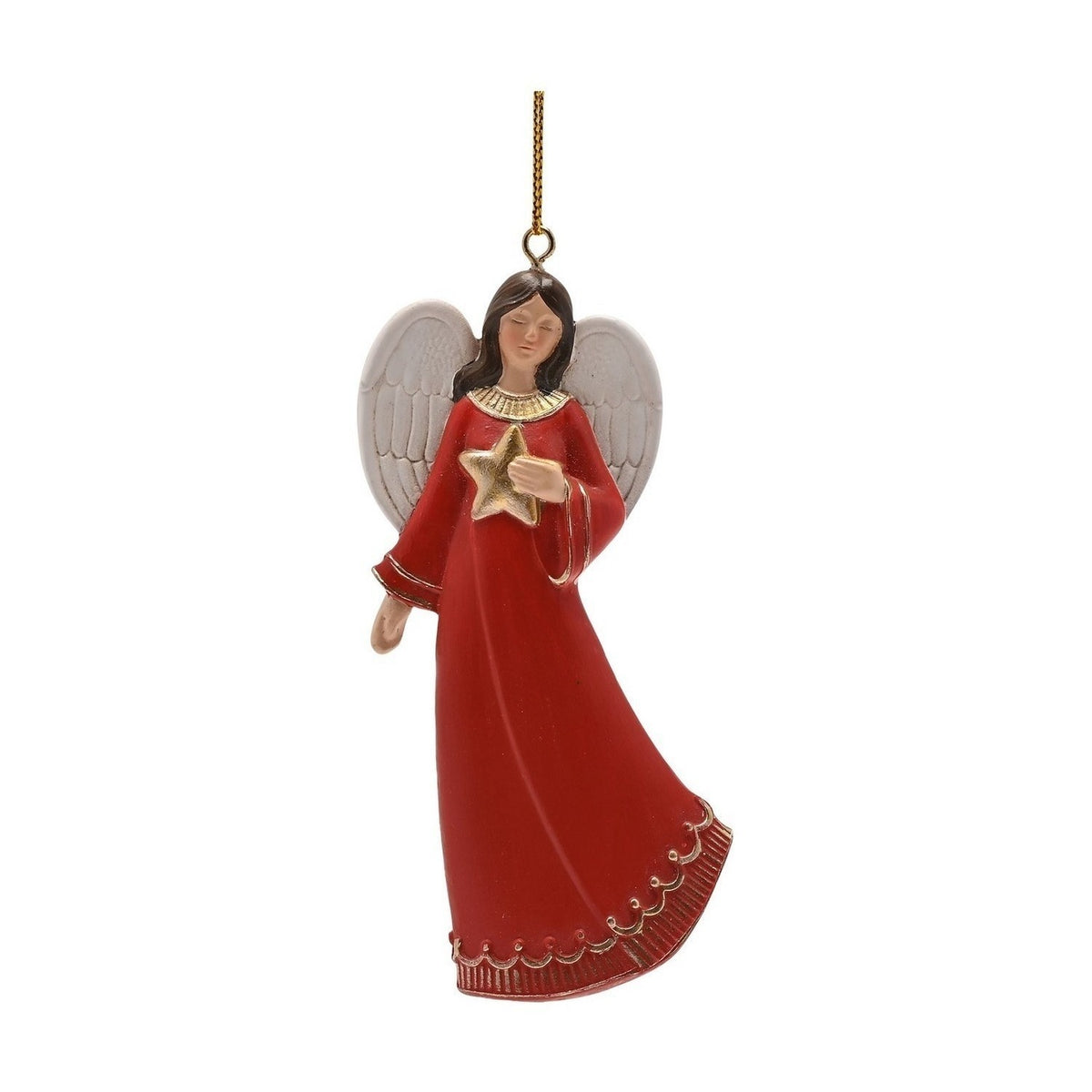 Angel Polystone Tree Hanger Figurine with Gold Star - Red