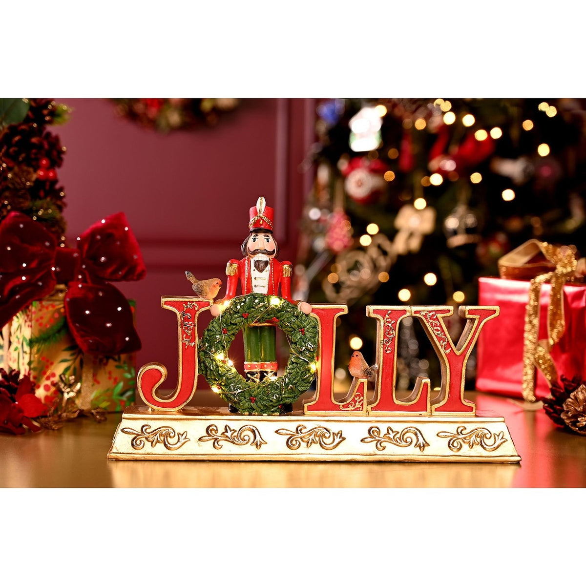 Nutcracker Jolly Letters Mantel Light-Up Decoration - Gold & Red