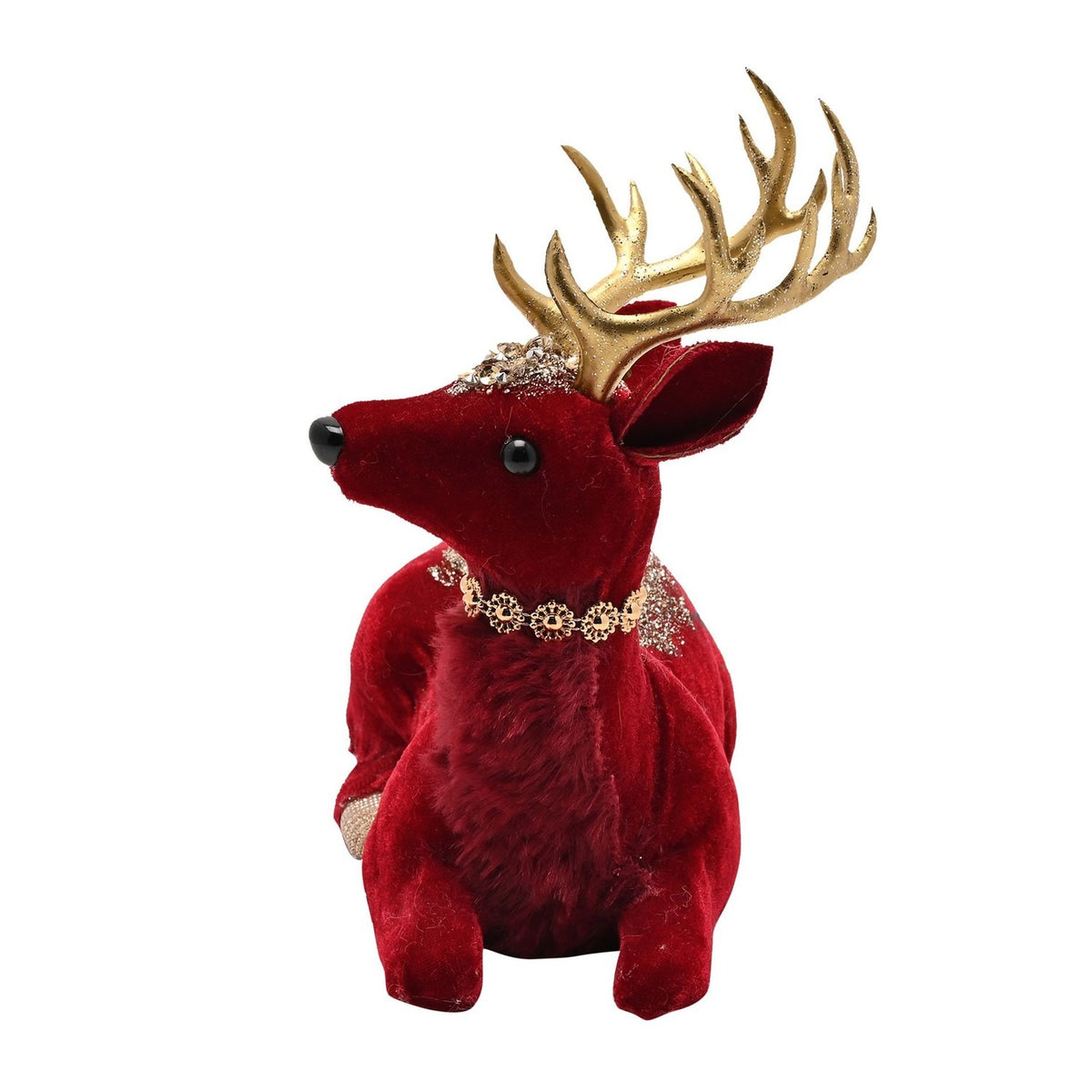 Sitting Deer Velvet Christmas Decoration 20.5cm - Red & Gold