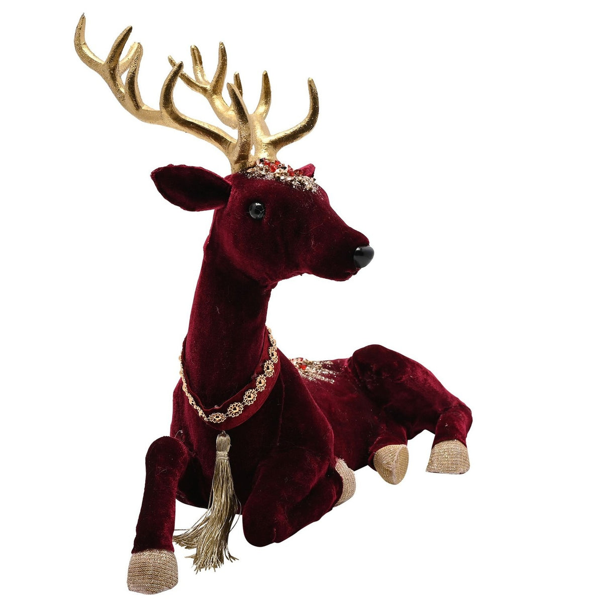 Sitting Deer Velvet Decoration 30.5cm - Burgundy & Gold