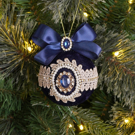 Bow and Pearl Bauble Christmas Tree Decoration - Navy Blue