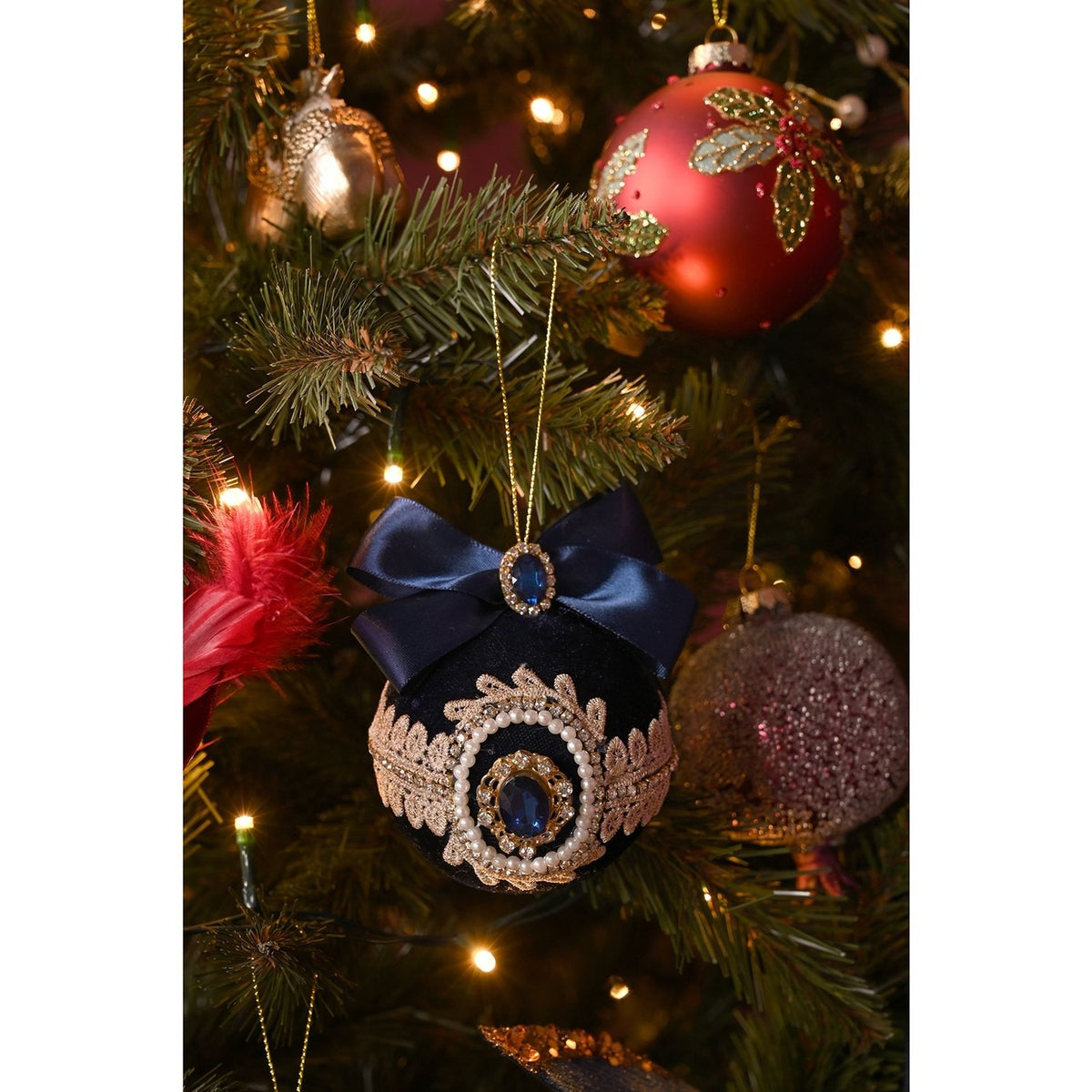 Bow and Pearl Bauble Christmas Tree Decoration - Navy Blue