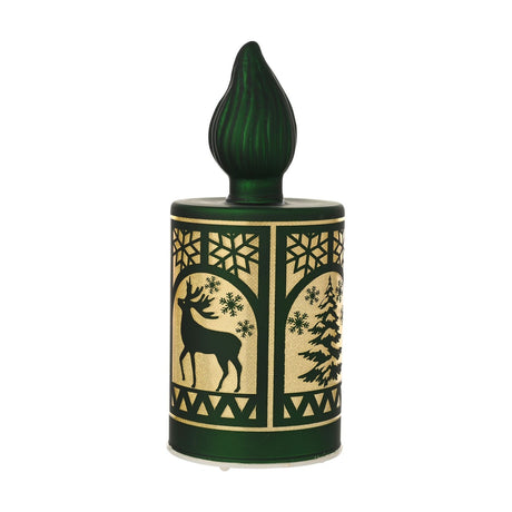 Green glass LED candle with ribbed flame top, featuring arched window panels of a stag, fir tree and snowflakes in gold, on a plain white background.