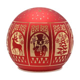 Round red glass light-up Christmas globe decoration with gold arched window panels showing a reindeer, snowman and fir tree, snowflake details, on a plain white background.