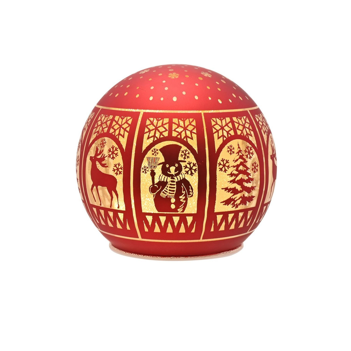 Round red glass Christmas globe decoration with gold arched window panels depicting a reindeer, top-hatted snowman, and fir tree, dotted snowflake top, on a plain white background.