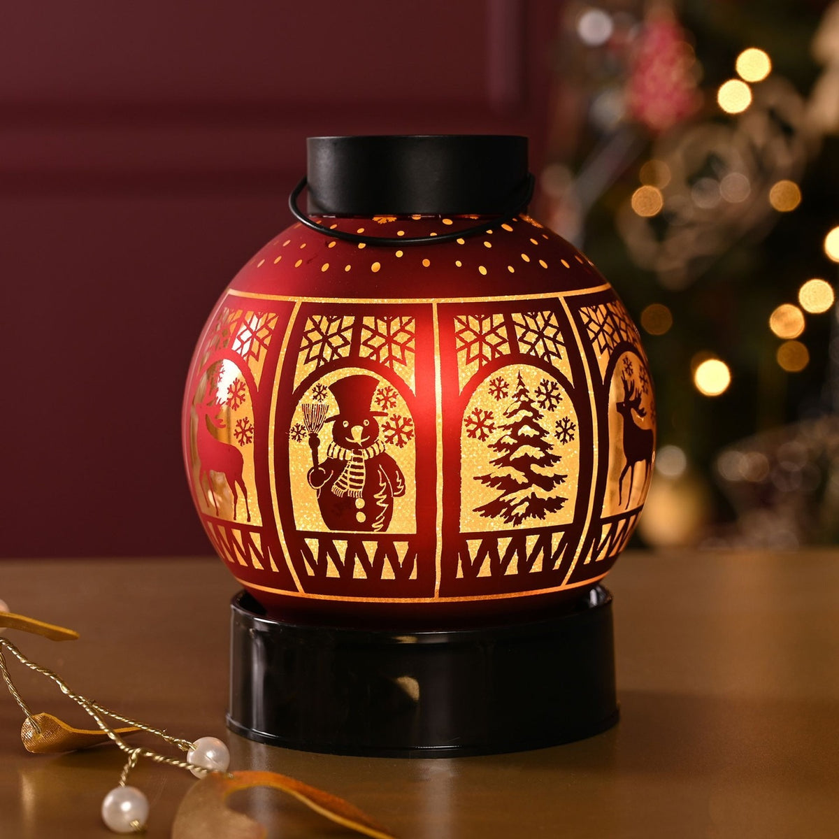 Christmas Windows Round Glass LED Lantern with Handle - Red