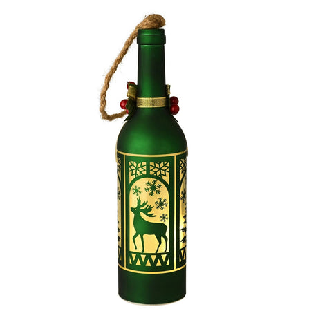 Snowman and Tree Christmas Windows Glass LED Bottle - Green
