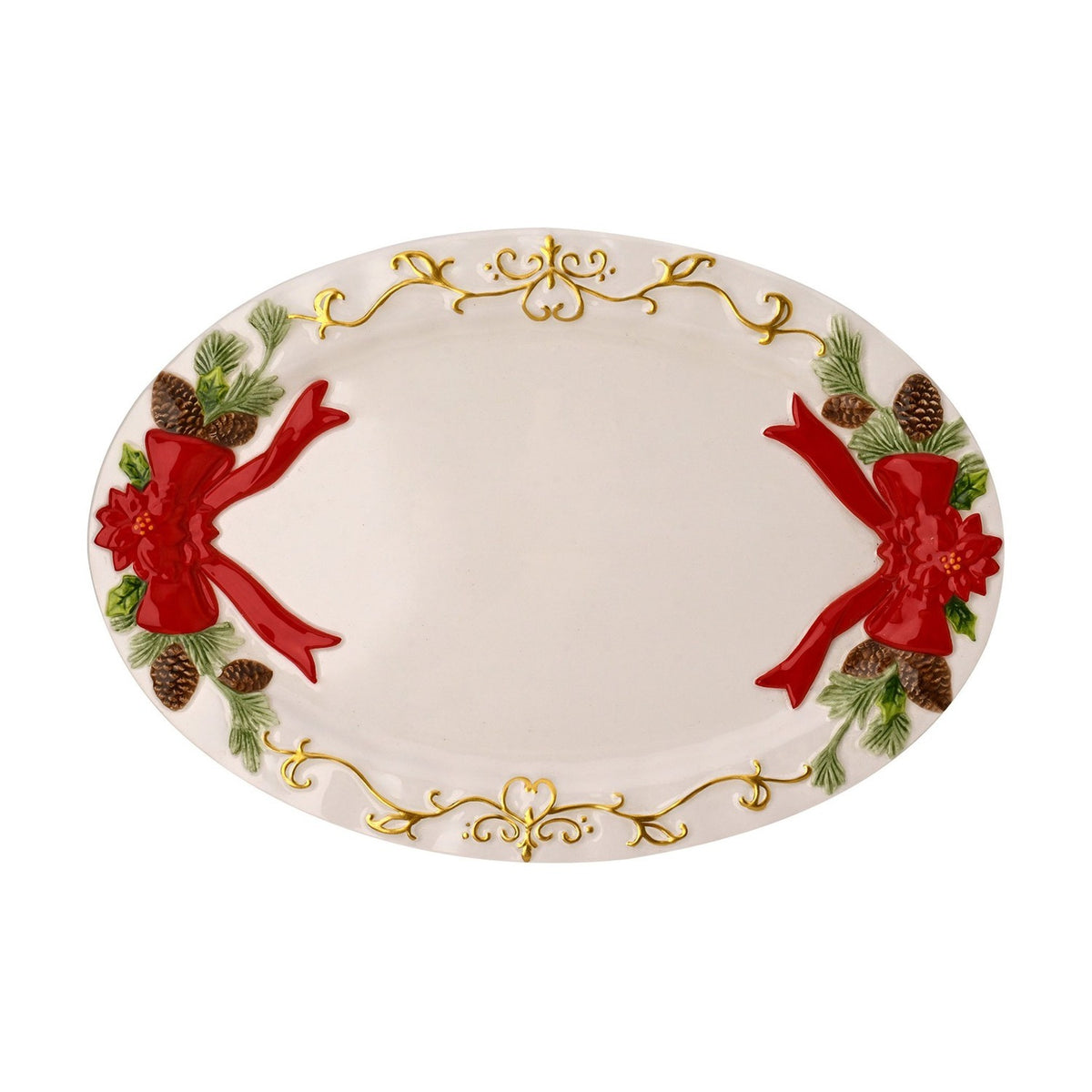 Poinsettia and Pine Cone Oval Ceramic Platter - White & Red