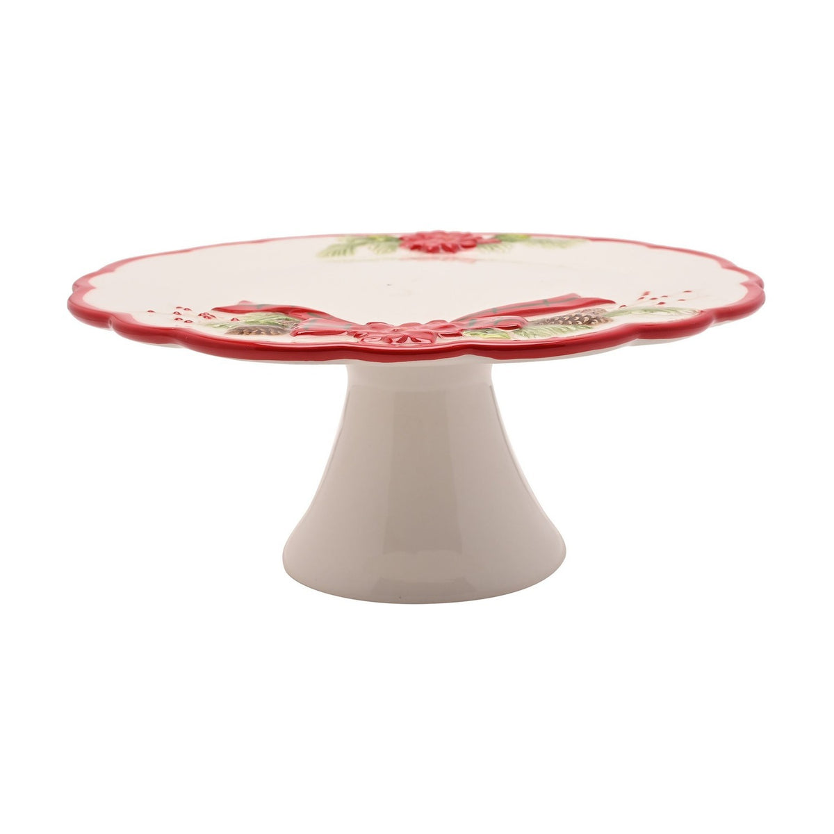 Scalloped Poinsettia Footed Ceramic Cake Stand - White & Red