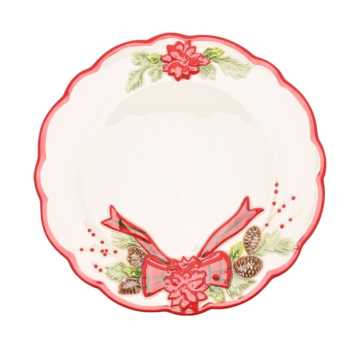 Scalloped Poinsettia Footed Ceramic Cake Stand - White & Red