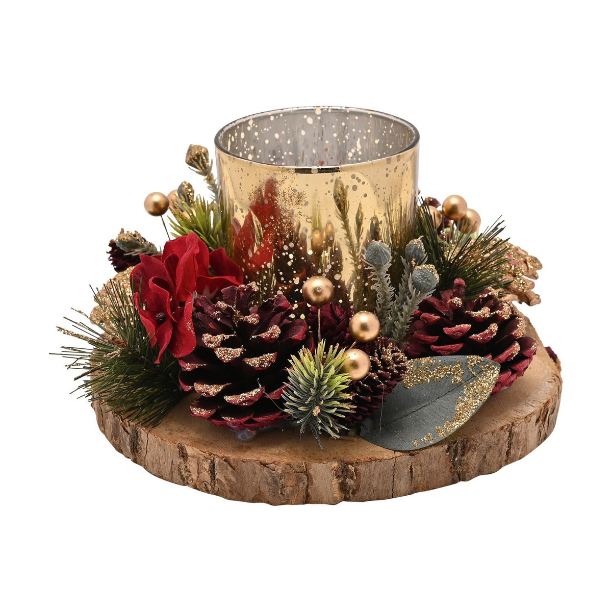 Pine Cone Candle Holder with Round Board - Burgundy & Silver