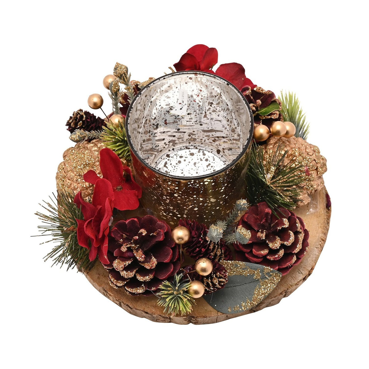 Pine Cone Candle Holder with Round Board - Burgundy & Silver