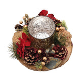 Pine Cone Candle Holder with Round Board - Burgundy & Silver