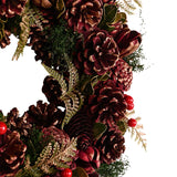 Plum & Gold Pine Cone Wreath with Berries - Burgundy & Green