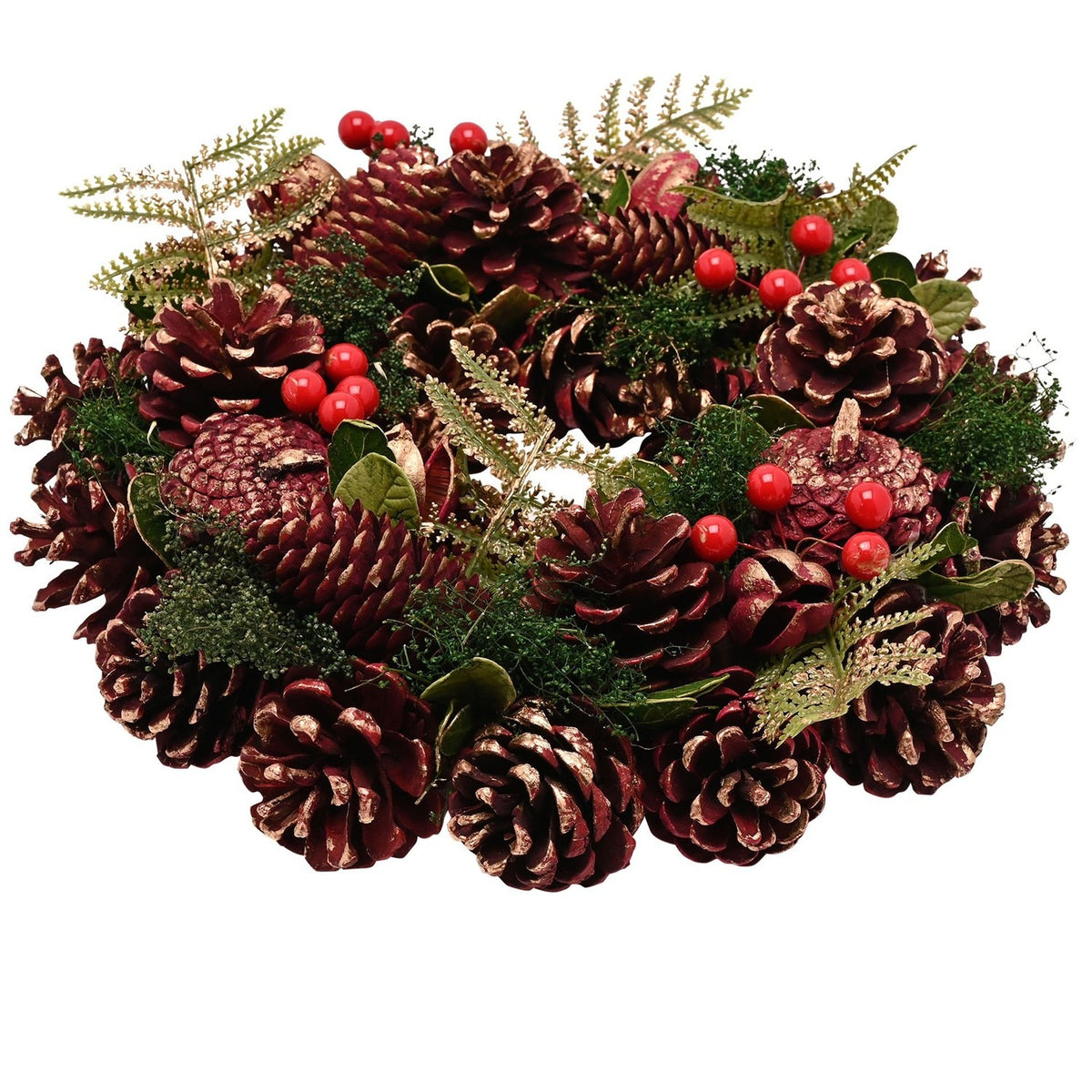 Plum & Gold Pine Cone Wreath with Berries - Burgundy & Green