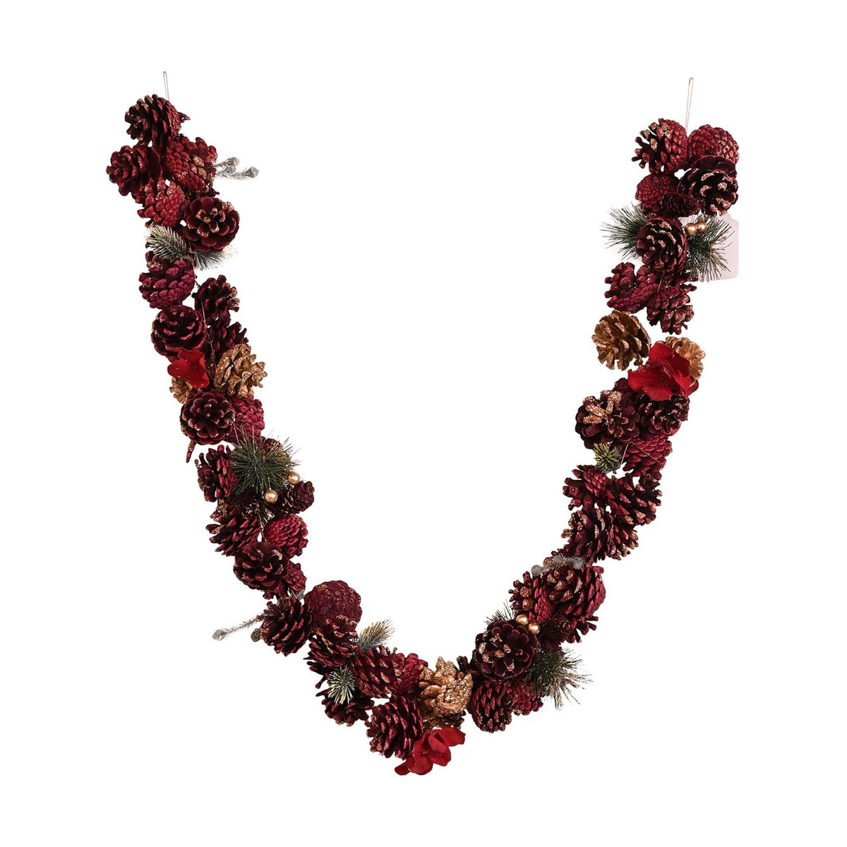 Pine Cone Garland with Gold Glitter Tips 120cm - Burgundy