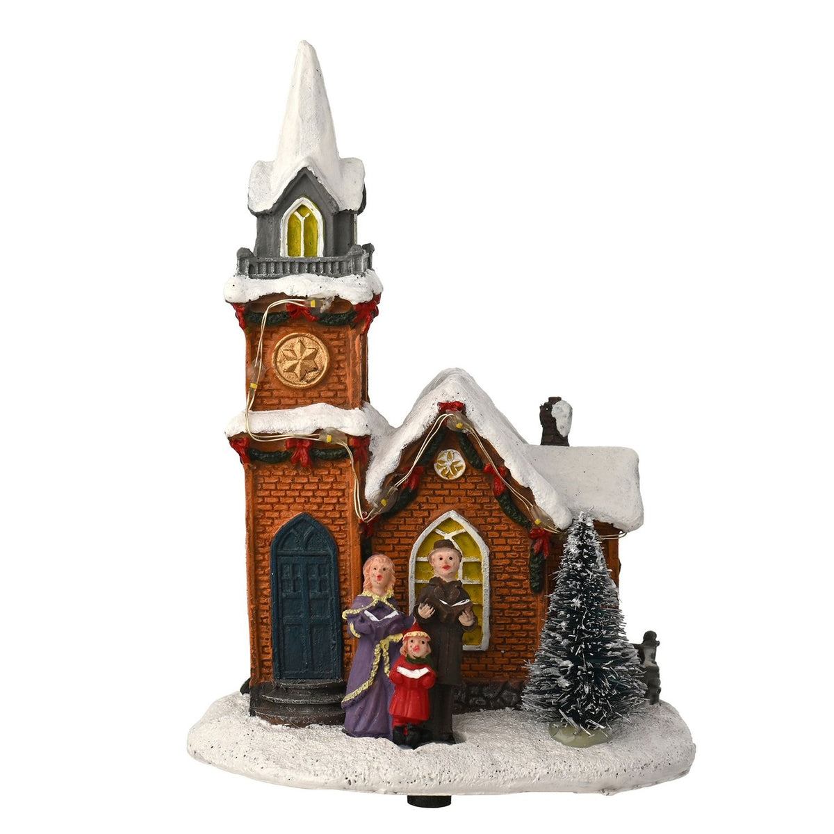 Snowy Church Plastic Light-Up Decoration with Choir - Brown